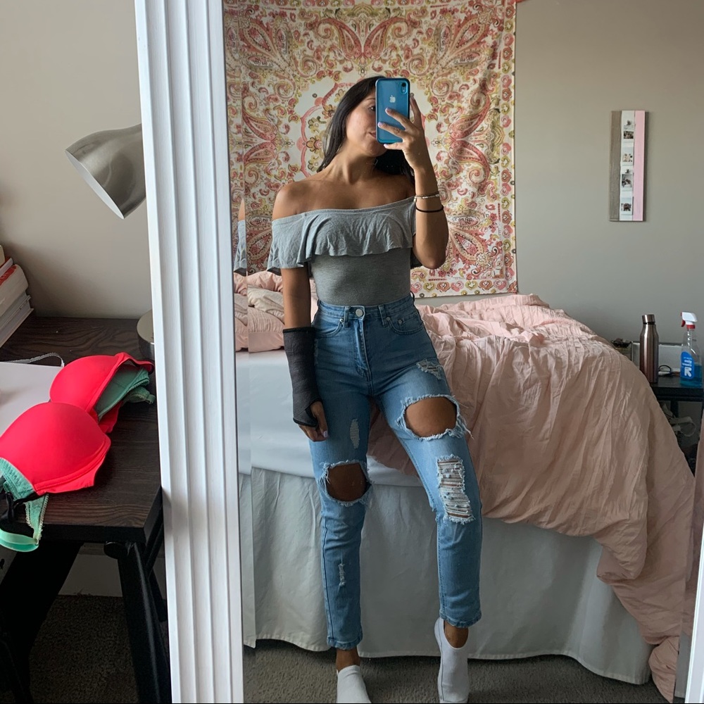 Grey ruffled bodysuit